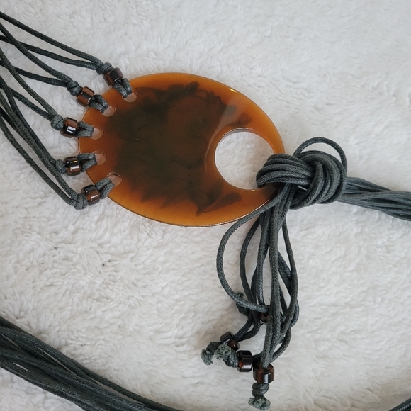 String Tie Belt Black Beaded Fringe Knot Boho Vintage Brown Tortoise Shell Loop - Picture 6 of 7